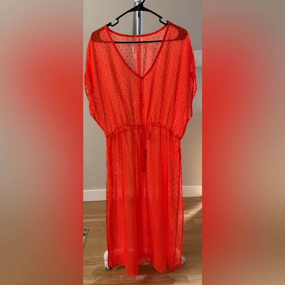 Sheer Coral Red Swiss Dot Drawstring Dress